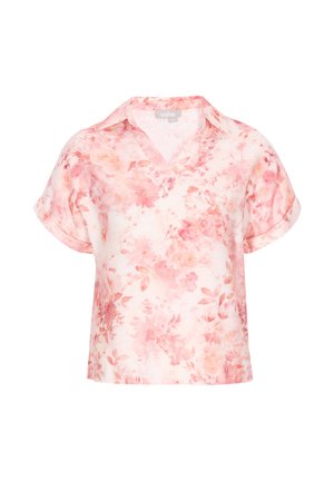 Blůza s krátkými rukávy a výstřihem do V, s růžovým a broskvovým květinovým akvarelovým potiskem a volným střihem na bílém pozadí.