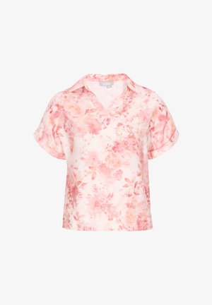 Kurzärmlige V-Ausschnitt-Bluse mit pinkem und pfirsichfarbenem Aquarell-Blumenmuster und lockerem Schnitt auf weißem Hintergrund.