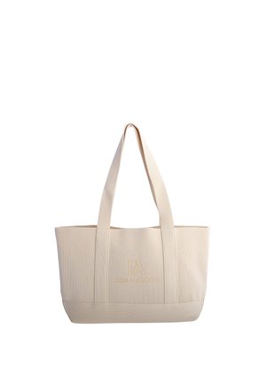 Bolso tote de tela beige con textura acanalada, dos asas largas y logo "Don Algodon" en letras doradas en la parte delantera.