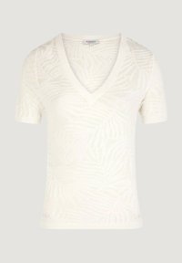 Top bianco a maniche corte con scollo a V, realizzato in tessuto lavorato a maglia strutturata, con motivo a foglie su tutta la superficie e dettagli a costine su collo e maniche.
