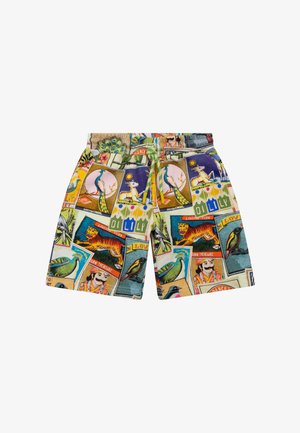 Kinderbroeken met kleurrijke vintage prints van vogels, een tijger, een man in traditionele kleding en verschillende tekstlabels.