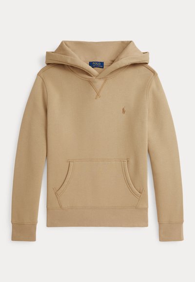 Sweatshirt bege com capuz, feito de tecido macio, apresentando um bolso canguru na frente, punhos canelados e um pequeno logo no peito.