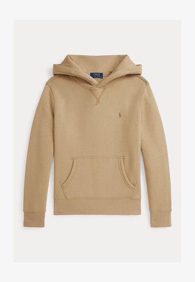 Μπεζ φούτερ με κουκούλα, κατασκευασμένο από μαλακό ύφασμα, με μπροστινή τσέπη καγκουρό, ραμμένα μανίκια και ένα μικρό λογότυπο στο στήθος.