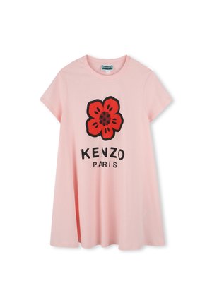 Pink cotton t-shirt with short sleeves, featuring a black outline red floral design and "KENZO PARIS" text below the flower.
