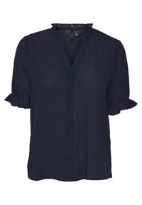 Chemise à manches courtes bleu marine avec un col et des manches volantés, dotée d'un devant à boutons et d'un tissu texturé.