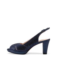 Sandalias de tacón azul con diseño de punta descubierta, decoradas con brillantes rhinestones, una correa en el talón y un upper texturizado.