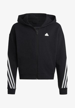 Czarna bluza z kapturem na zamek o gładkiej teksturze, z małym białym logo na piersi i trzema białymi paskami wzdłuż rękawów.