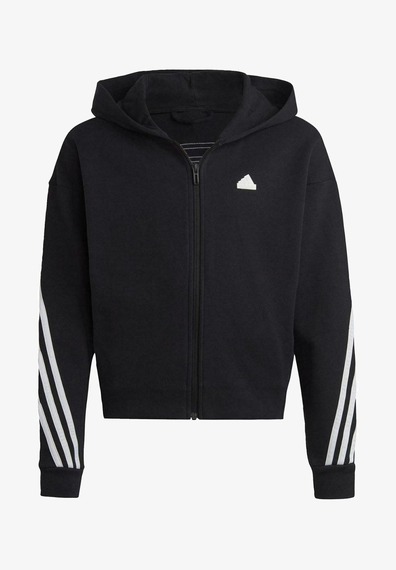 Czarna bluza z kapturem na zamek o gładkiej teksturze, z małym białym logo na piersi i trzema białymi paskami wzdłuż rękawów.