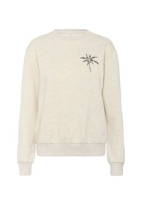 Sudadera color crema con una tela ligeramente texturada. Presenta un gráfico de una palmera negra en el lado izquierdo del pecho y puños y dobladillo de canalé.