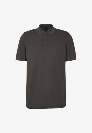 Dunkelgraues Polohemd aus strukturiertem Stoff, mit klassischem Kragen, durchgehendem Drei-Knopf-Verschluss und kurzen Ärmeln.