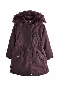 Lilla parka med kunstpelskant på huen, med lynlås- og trykknaplukning, to forlommer og justerbar snor i taljen.