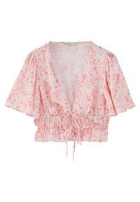 Camicia leggera floreale rosa con scollatura a V profonda, maniche corte a volant e vita con coulisse per una vestibilità regolabile.
