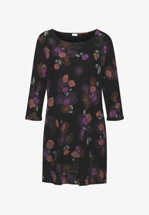 Musta mekko, jossa on kolmen neljänneksen hihat, ja siinä on värikkäitä kukkakuoseja purppuran, oranssin ja vihreän sävyissä sileällä kankaalla.