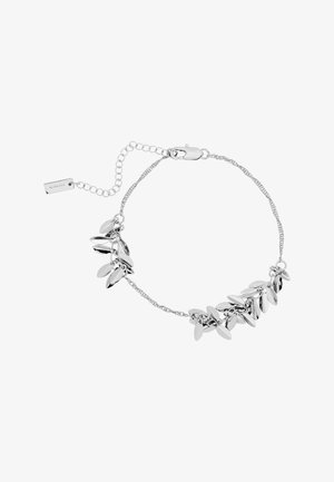 Zilveren kettingarmband met meerdere kleine ovale bladvormige bedels en verstelbare sluiting met verlengkettinkje.