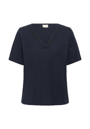 Navy blue t-paita lyhyillä hihoilla, jossa on V-pääntie ja teksturoitu pitsireunus kauluksessa, sekä rento istuvuus. Sileä kangas.