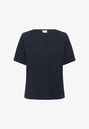 Marineblaue Kurzarm-T-Shirt mit V-Ausschnitt, versehen mit einem strukturierten Spitzenbesatz am Hals und einem lockeren Schnitt. Glatte Stofftextur.