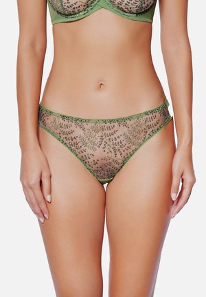 Culotte en mesh vert avec des détails en broderie florale, présentant une taille lisse et un design semi-transparent. Les accents incluent une délicate bordure.