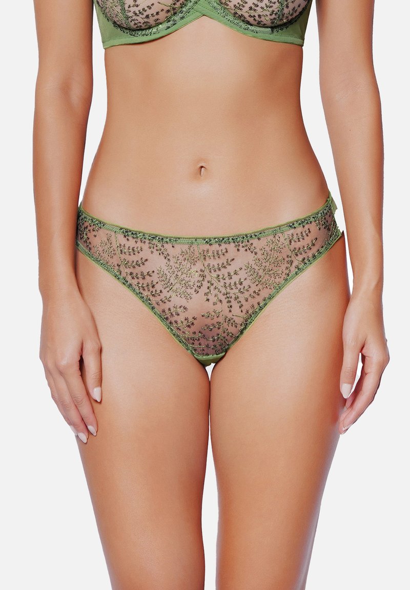 Culotte en mesh vert avec des détails en broderie florale, présentant une taille lisse et un design semi-transparent. Les accents incluent une délicate bordure.
