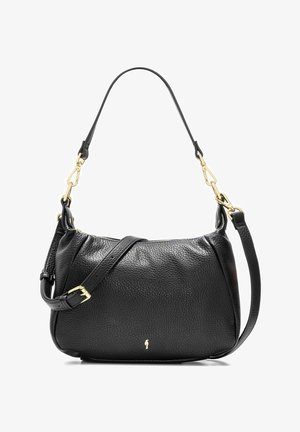 Czarna torebka na ramię z fakturowanej skóry, ze złotymi akcentami, regulowanym paskiem oraz małym złotym logo na przednim środku.