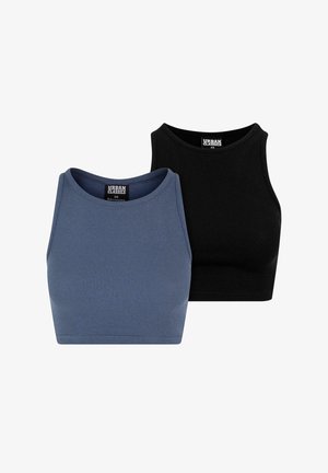 To ribbede crop tops i blå og sort, med rund udskæring og et tætsiddende design, lavet af strækstof for en behagelig pasform.