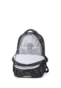 Zaino in tessuto nero con un motivo di facce di gatto verde. Caratterizzato da un ampio scomparto principale, fodera interna grigia e spallacci regolabili.