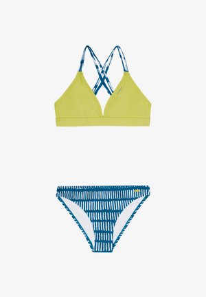 Set bikini in due pezzi composto da un top triangolare verde lime con spalline incrociate a righe blu e bianche e slip blu con righe bianche verticali.