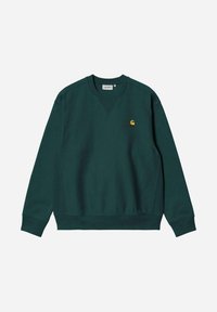 Sudadera de color verde oscuro hecha de una mezcla de algodón, con cuello en V, mangas largas, puños y dobladillo acanalados, y un pequeño logo en el pecho.