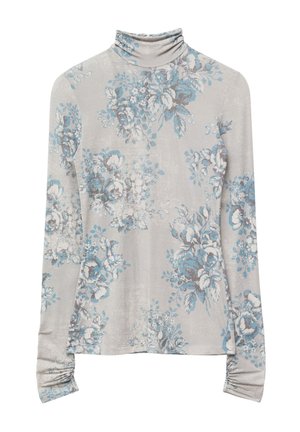 Lichtgrijs, langärmlig colbert met blauwe en witte bloemenprint, voorzien van geplooide manchetten en een getailleerd silhouet.