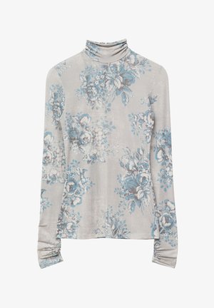 Lichtgrijs, langärmlig colbert met blauwe en witte bloemenprint, voorzien van geplooide manchetten en een getailleerd silhouet.