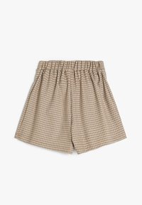 Karierte Shorts in Beige- und Brauntönen; elastischer Bund; lockere Passform; leichtes Material; mittellange Schenkellänge; dezentes Rautenmuster.