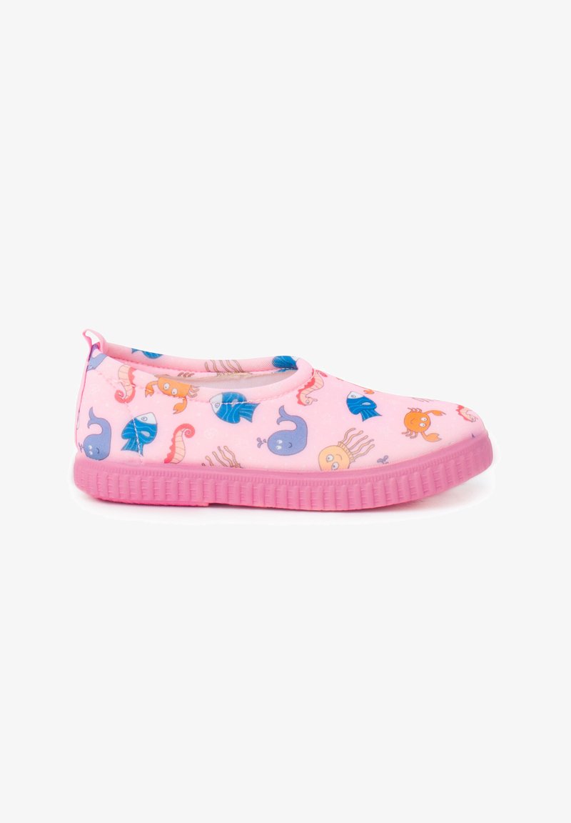Rosafarbene Slipper mit einem Muster aus bunten Meeresbewohnern, einer strukturierten pinken Gummisohle und einem glatten Obermaterial.
