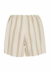 Pantalones cortos ligeros de color crema con rayas verticales marrones, con cinturilla elástica y un ajuste holgado. No se ven bolsillos.