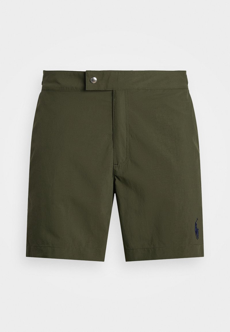 Shorts in dark olive green fabric feature a front closure with a silver button, stitched detailing, and a small navy logo on the lower left.