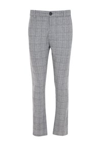 Grau-schwarz karierte Hose im Slim-Fit-Stil mit Knopfverschluss und zwei vorderen Taschen. Das Material hat eine glatte, strukturierte Oberfläche.