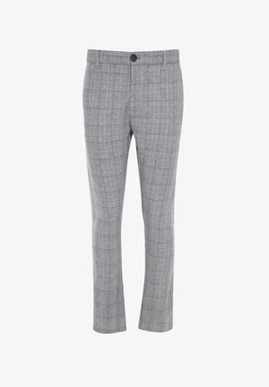 Grau-schwarz karierte Hose im Slim-Fit-Stil mit Knopfverschluss und zwei vorderen Taschen. Das Material hat eine glatte, strukturierte Oberfläche.