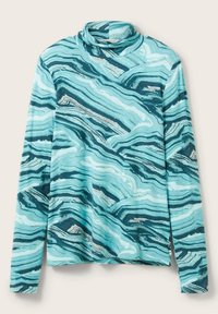 Maglia a maniche lunghe a collo alto in turchese e blu scuro con un motivo marmorizzato. Tessuto morbido e elastico con silhouette aderente e collo arrotolato.