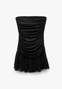 Schwarzes trägerloses Kleid aus gerafftem Stoff, mit einem enganliegenden Oberteil und einem ausgestellten, schichtartigen Rock mit einer weichen Textur.