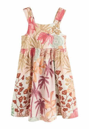 Abito senza maniche fino al ginocchio con scollo quadrato, vita arricciata e stampa multicolore di fiori e foglie di palma su tessuto leggero.