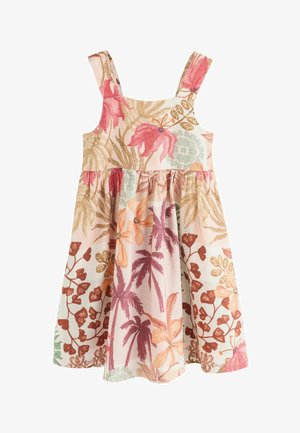 Vestido sin mangas hasta la rodilla con escote cuadrado, cintura fruncida y estampado multicolor de flores y hojas de palma sobre tela clara.