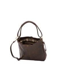 Borsa a tracolla in pelle marrone con una texture morbida, dotata di manico superiore, tracolla regolabile e fodera a quadri interna.