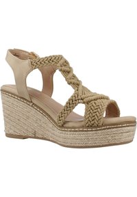 Sandalia de cuña beige con correas de tela trenzada, diseño de punta abierta y suela de yute texturizada. Presenta una correa en el tobillo con cierre de cremallera.