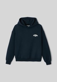 Sweatshirt bleu marine avec une poche kangourou, des poignets et un ourlet côtelés. Présente le texte "CORG! club" en blanc sur la zone de la poitrine gauche.