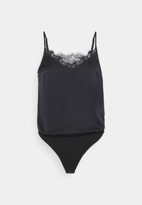 Black bodysuit featuring a satin upper with a lace trim along the neckline and a thong bottom. Adjustable spaghetti straps. Flat seams.