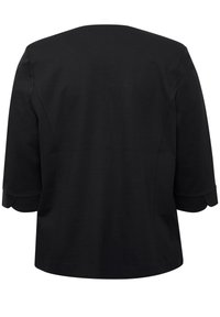 Veste noire ajustée avec manches trois-quarts et détails subtils aux coutures, vue de dos sur fond blanc.