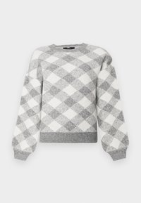 Grau-weiß kariertes Sweatshirt mit rundem Halsauschnitt, langen Puffärmeln und einem gerippten Saum. Hergestellt aus einem weichen, strukturierten Material.