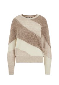 Pull tricoté avec un design bicolore en beige et crème. Texture douce et duveteuse d'un côté, avec des poignets et un ourlet côtelés.