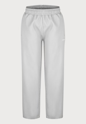 Helle graue, gerippte Hose mit einem elastischen Bund, zwei Seitentaschen und einem kleinen Logo am linken Bein. Schlichtes, gerades Design.