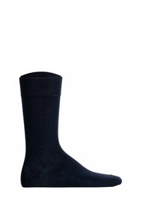 Dunkelblaue Socke aus glattem Baumwollmaterial, mit einem gerippten oberen Bund, einer nahtlosen Zehenpartie und einer standardmäßigen Knöchellänge.