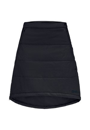 Zwarte geïsoleerde vrouwenrok met een gebogen zoom, gewatteerd patroon, elastische tailleband en logo aan de linkeronderkant.