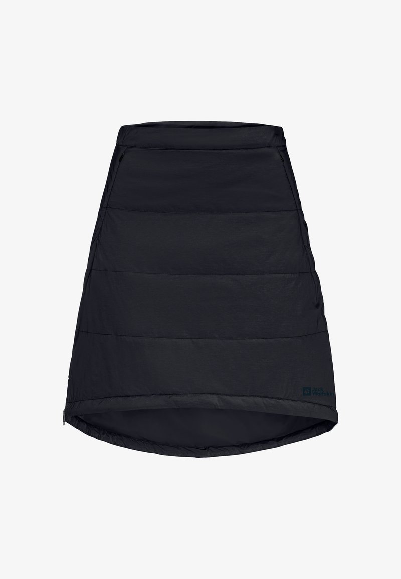 Gonna nera isolante da donna con orlo curvo, motivo trapuntato, cinturino elastico e logo sul lato sinistro in basso.